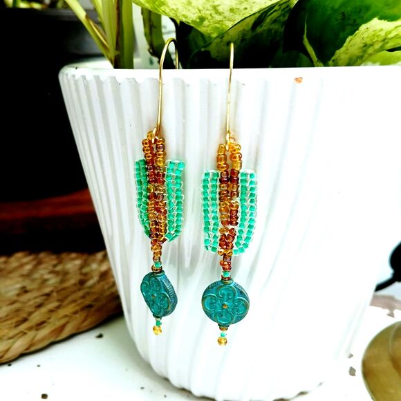 Boho Chic Seed Bead Dangle Earrings, Hammered Earrings, Statement Jewelry 3.25" - Picture 4 of 9